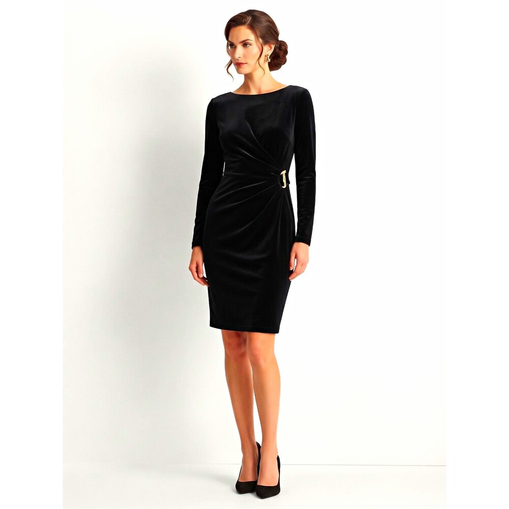 DKNY Black Velvet Sheath Dress With Buckle Accent